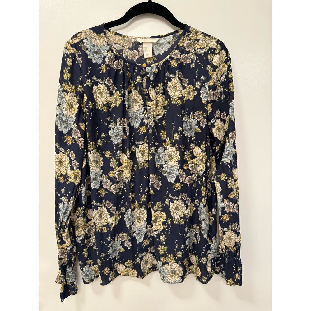 H&M Size 6 Navy Floral Long Sleeve Bell Sleeve Blouse